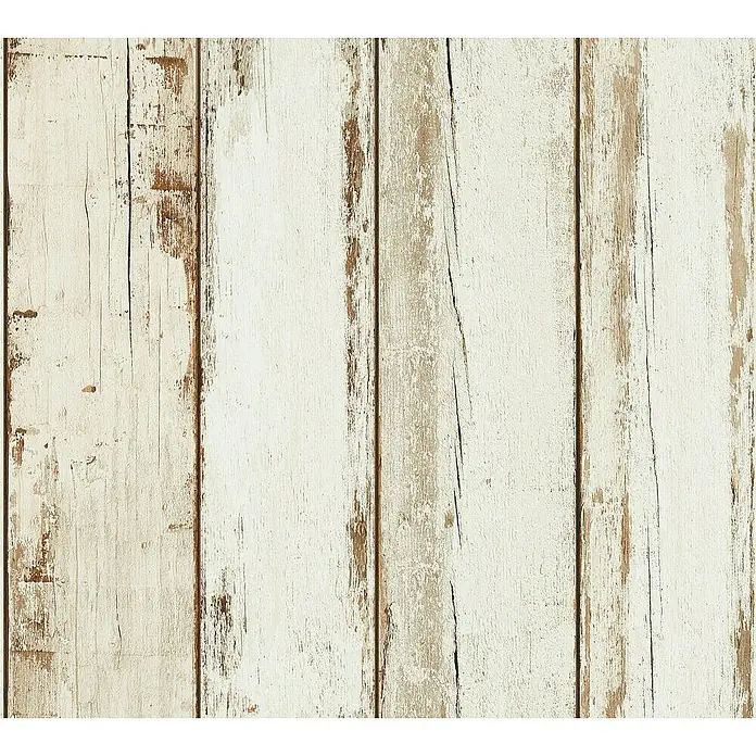 A.S. Création Il Decoro Vliestapete Vintage-Wood - Beige, Holzoptik, 10,05 x 0,53 m - Abgenutzte Holzpaneele mit verblichener weißer Farbe, die eine rustikale und charmante Optik erzeugen.