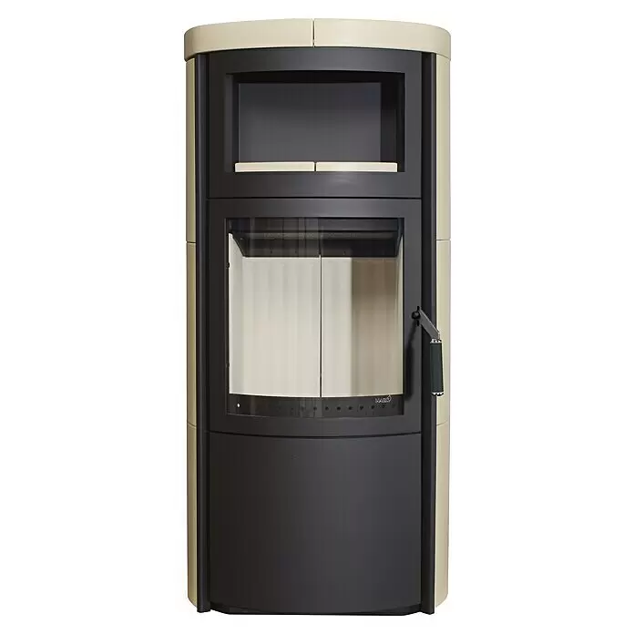 Hark Kaminofen VITO WW GT ECOPLUS - 14 kW, Raumheizvermögen: 116 m³, Material Verkleidung: Keramik, Creme-Weiss - Moderner Kaminofen mit cremefarbenen Seiten und dunkelgrauer Front, mit Glastür und oberem Fach.