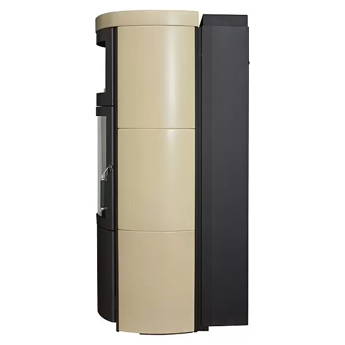 Hark Kaminofen VITO WW GT ECOPLUS - 14 kW, Raumheizvermögen: 116 m³, Material Verkleidung: Keramik, Creme-Weiss - Cremefarbener moderner Kaminofen mit dunkelgrauer Seitenverkleidung und Glastür, minimalistisches Design.