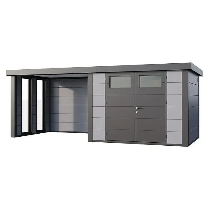 Telluria Metallgerätehaus Classico 3024 mit Lounge S links inkl. 2 Fenster - Außenmaß inkl. Dachüberstand (B x T): 602 x 258 cm, Stahl, Lichtgrau/Anthrazit, Ohne Set - Eine moderne Gartenlaube mit einem überdachten Bereich und abschließbarem Stauraum, ideal für Gartenwerkzeuge und -möbel.