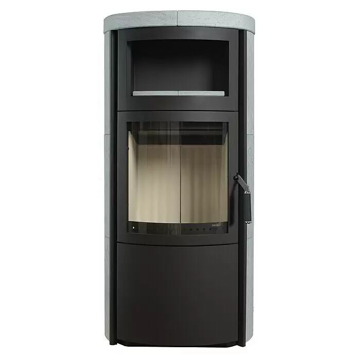 Hark Kaminofen VITO WW GT ECOPLUS - 14 kW, Raumheizvermögen: 116 m³, Naturstein - Moderner grau-dunkelgrauer Kaminofen mit Glastür.