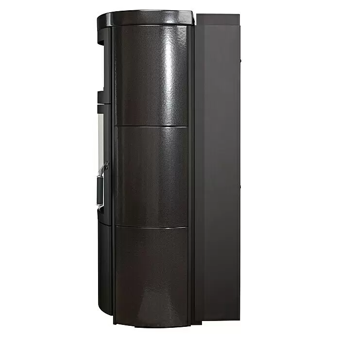 Hark Kaminofen VITO WW GT ECOPLUS - 14 kW, Raumheizvermögen: 116 m³, Material Verkleidung: Keramik, Meteor-Schwarz - Seitenansicht eines modernen, dunkelgrauen, strukturierten Heizofens mit vertikalen Paneelen.