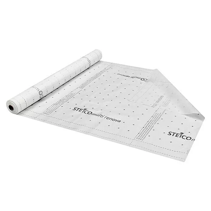 Steico Dampfbremsfolie multi renova - 50 x 1,5 m, 75 m² - Weiße, ausgerollte Dampfbremsmembran STEICO multi renova mit schwarzem Aufdruck und Kreuzmustern.