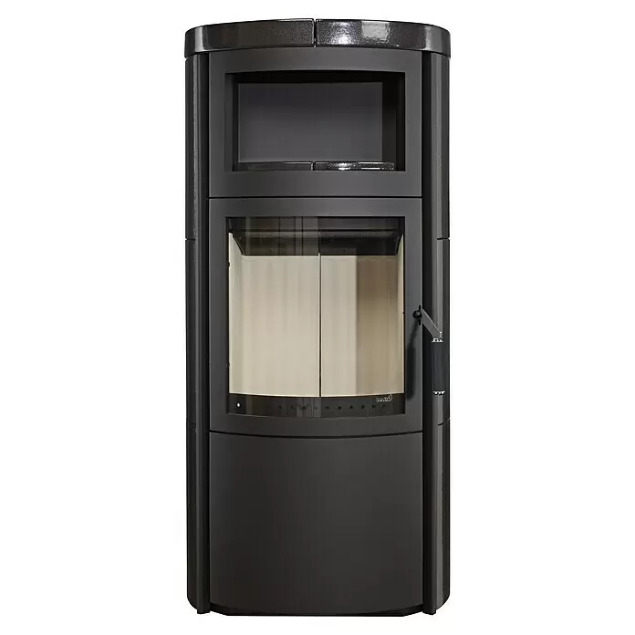 Hark Kaminofen VITO WW GT ECOPLUS - 14 kW, Raumheizvermögen: 116 m³, Material Verkleidung: Keramik, Meteor-Schwarz - Dunkelgrauer Kaminofen aus Metall mit Glastür und oberem Fach.