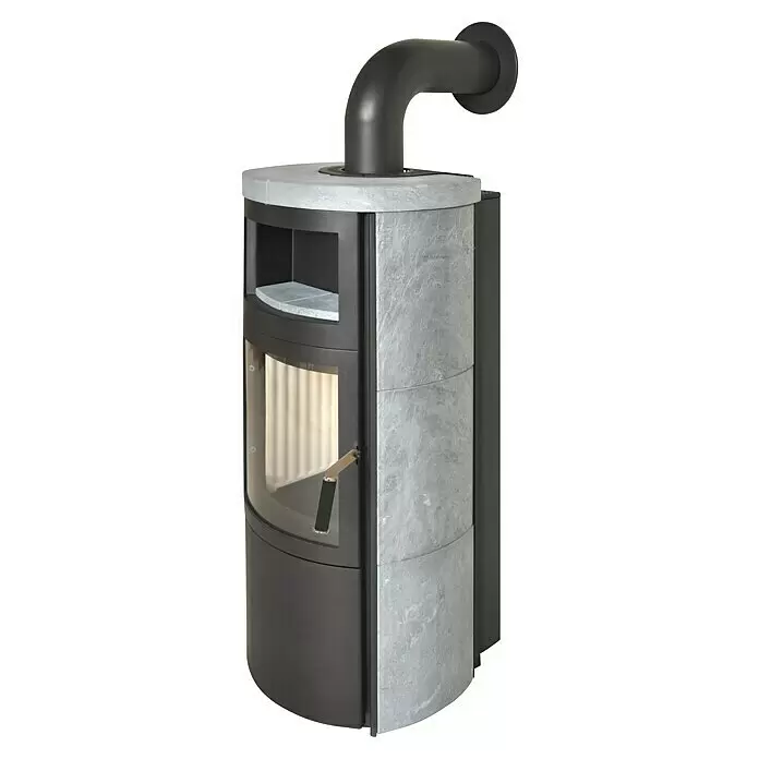 Hark Kaminofen VITO WW GT ECOPLUS - 14 kW, Raumheizvermögen: 116 m³, Naturstein - Moderner dunkelgrauer und hellgrauer, steinverkleideter Holzofen mit Glastür und oberem Rauchrohranschluss.