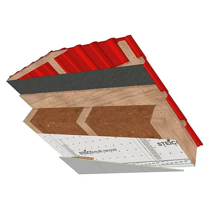 Steico Dampfbremsfolie multi renova - 50 x 1,5 m, 75 m² - Dachquerschnitt mit roten Ziegeln, dunkler Unterlage, Holzkonstruktion, brauner STEICO multi renova Dämmung und Innenverkleidung.
