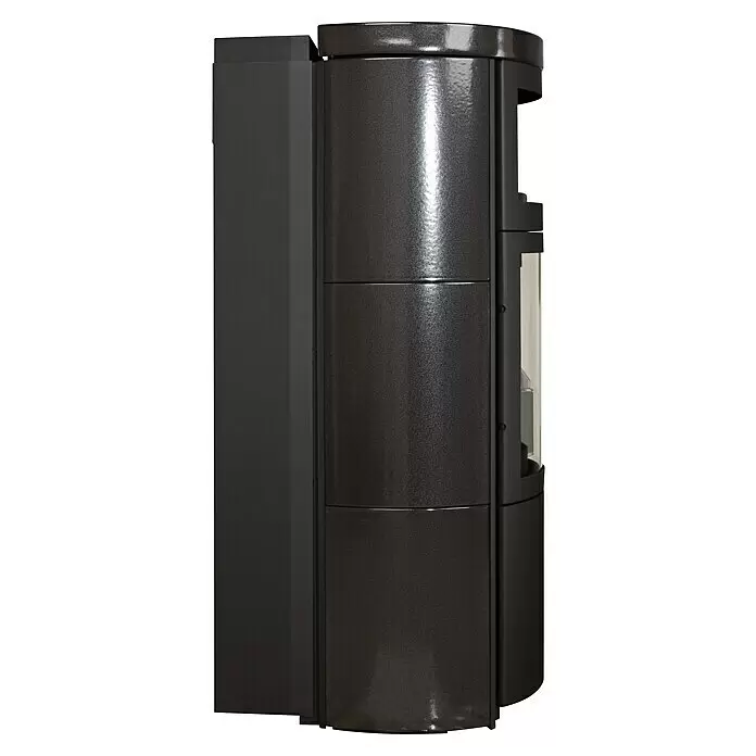 Hark Kaminofen VITO WW GT ECOPLUS - 14 kW, Raumheizvermögen: 116 m³, Material Verkleidung: Keramik, Meteor-Schwarz - Seitenansicht eines dunkelgrauen, gesprenkelten, modernen Holzofens mit gewölbter Front.