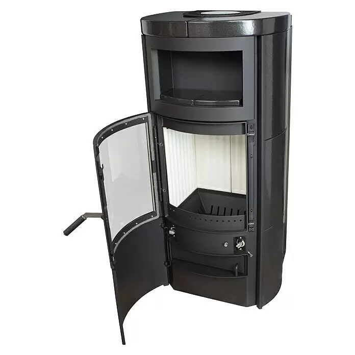 Hark Kaminofen VITO WW GT ECOPLUS - 14 kW, Raumheizvermögen: 116 m³, Material Verkleidung: Keramik, Meteor-Schwarz - Dunkelgrauer moderner Kaminofen mit offener Tür, der den hellen Innenraum und die Brennkammer zeigt.