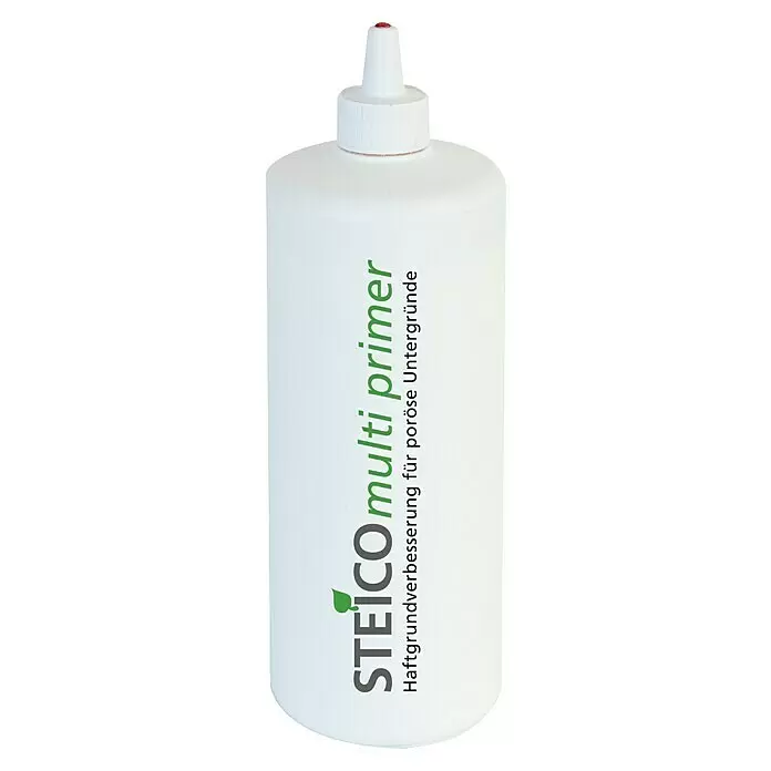 Steico Haftgrund multi primer - Acrylat- Polymerdispersion - Weiße Kunststoffflasche STEICO multi primer für poröse Untergründe, mit weißer Düse und roter Spitze.