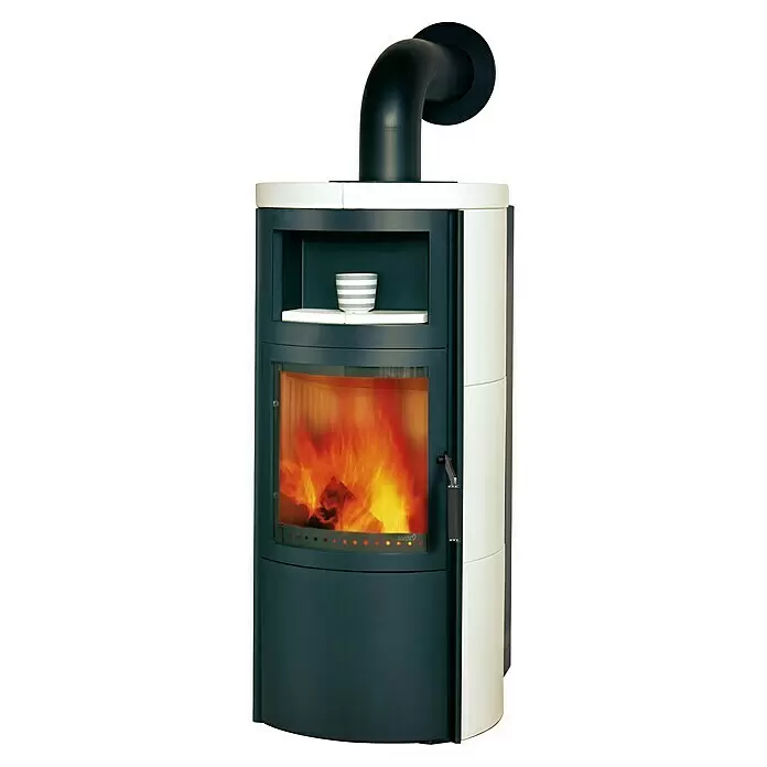 Hark Kaminofen VITO WW GT ECOPLUS - 8 kW, Raumheizvermögen: 91 m³, Material Verkleidung: Keramik, Creme-Weiss - Moderner Holzofen mit dunkelgrauer Front, weißen Seitenpaneelen, sichtbarem Feuer und schwarzem Schornsteinrohr.