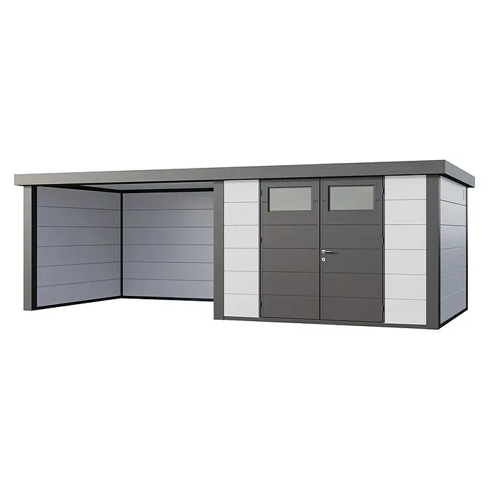 Telluria Metallgerätehaus Classico 3330 mit Lounge L links inkl. Elektro-Set - Außenmaß inkl. Dachüberstand (B x T): 692 x 318 cm, Stahl, Weiß/Anthrazit, Inkl. Innenwandverkleidung & Elektro-Set - Das Bild zeigt ein modernes Gartenhaus mit Doppeltür und offenem Carport-Bereich, ideal für zusätzlichen Stauraum im Außenbereich.