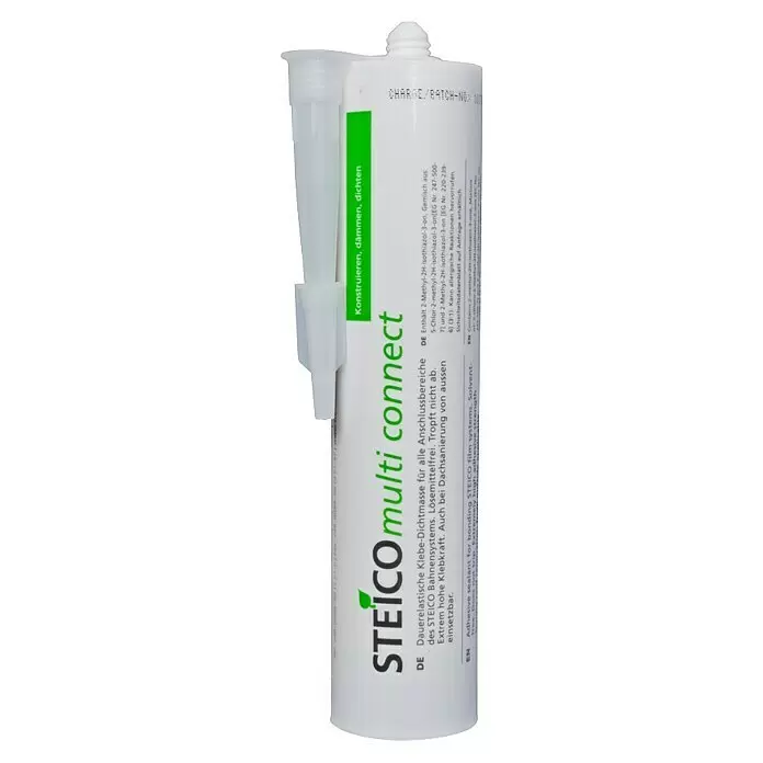 Steico Klebe- & Dichtmasse multi connect - Modifizierte Dispersion - Weiße Dichtstofftube mit grünem Etikett, STEICO multi connect-Branding und angebrachter Düse.