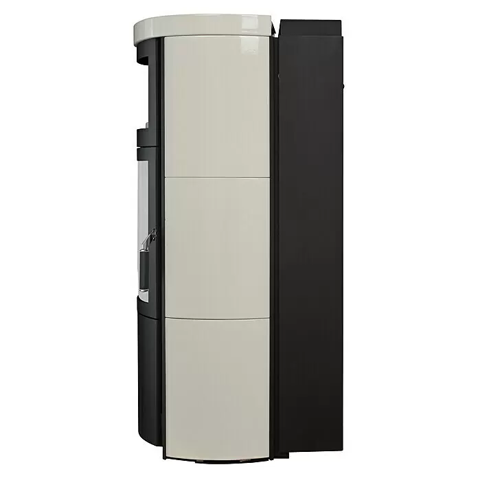 Hark Kaminofen VITO WW GT ECOPLUS - 8 kW, Raumheizvermögen: 91 m³, Material Verkleidung: Keramik, Creme-Weiss - Moderner, cremefarbener Pelletofen mit dunkelgrauen Seiten, Seitenansicht.
