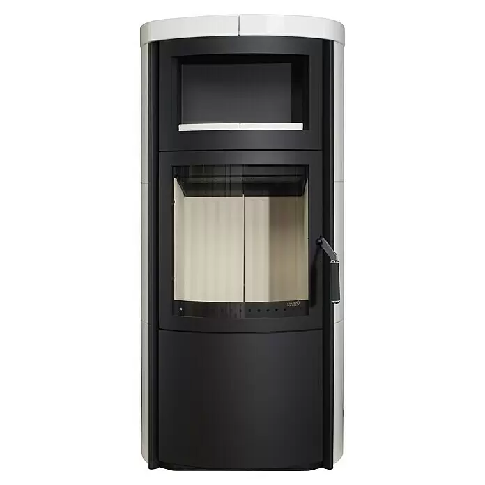 Hark Kaminofen VITO WW GT ECOPLUS - 8 kW, Raumheizvermögen: 91 m³, Material Verkleidung: Keramik, Creme-Weiss - Moderner weiß-schwarzer Holzofen mit Glastür und oberem Fach.