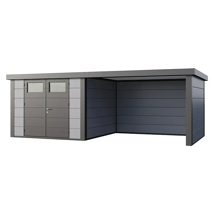 Telluria Metallgerätehaus Classico 3030 mit Lounge L rechts inkl. Elektro-Set - Außenmaß inkl. Dachüberstand (B x T): 662 x 318 cm, Stahl, Lichtgrau/Anthrazit, Inkl. Innenwandverkleidung & Elektro-Set - Ein modernes Gerätehaus mit Doppeltür und integriertem Unterstand. Das Haus präsentiert sich in Grau mit hellgrauen Akzenten.