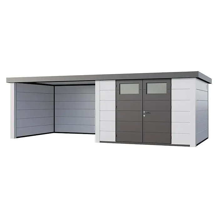 Telluria Metallgerätehaus Classico 3330 mit Lounge L links inkl. Elektro-Set - Außenmaß inkl. Dachüberstand (B x T): 692 x 318 cm, Stahl, Weiß, Inkl. Innenwandverkleidung & Elektro-Set - Modernes Gerätehaus mit Doppeltür und seitlichem Unterstand. Praktischer Stauraum für Gartenutensilien und Fahrräder mit einfacher Zugänglichkeit.