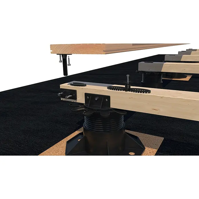 HS Terra Rasterverbinder GriDeck - 10 Stk., Passend für: HS Terra Befestigungsclip, HS Terra DiviDeck, HS Terra Groove Stick - Detailaufnahme eines Konstruktionssystems mit verstellbaren Stelzlagern zur Erhöhung und Nivellierung von Holzbalken. Perfekt für Terrassenbau.