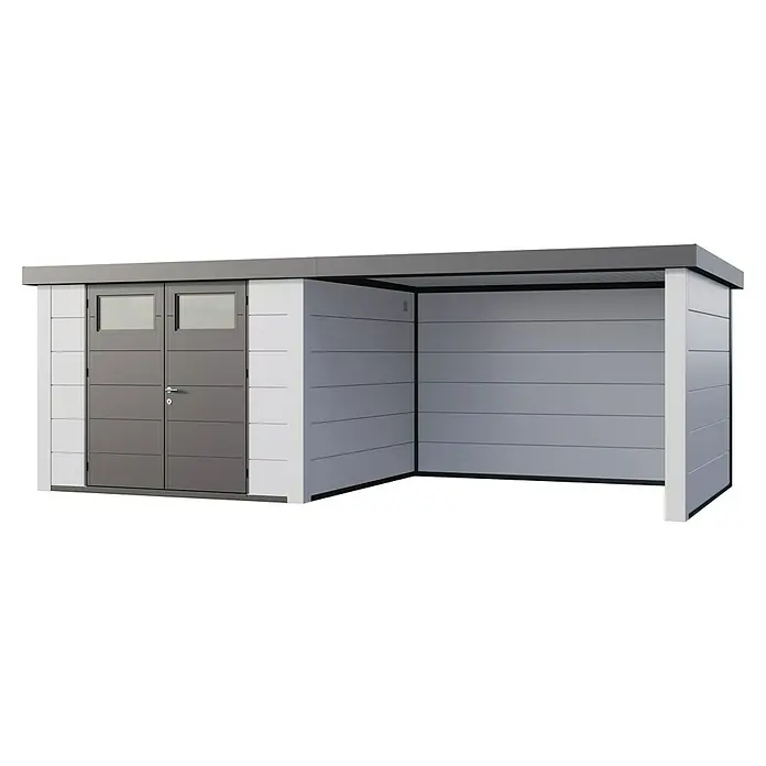 Telluria Metallgerätehaus Classico 3330 mit Lounge L rechts inkl. Elektro-Set - Außenmaß inkl. Dachüberstand (B x T): 692 x 318 cm, Stahl, Weiß, Inkl. Innenwandverkleidung & Elektro-Set - Moderne Gerätehaus-Kombination mit Doppeltür und offenem Anbau. Die graue Farbgebung und die geradlinige Optik fügen sich nahtlos in jeden Garten ein.