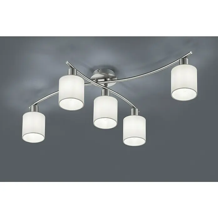 Trio Leuchten Deckenleuchte Garda - 25 W, L x B x H: 7,5 x 44,2 x 22 cm, E14, Weiß - Deckenleuchte mit fünf zylinderförmigen, satinierten Lampenschirmen und gebogenen, silberfarbenen Armen. Elegantes Design für stilvolle Beleuchtung.