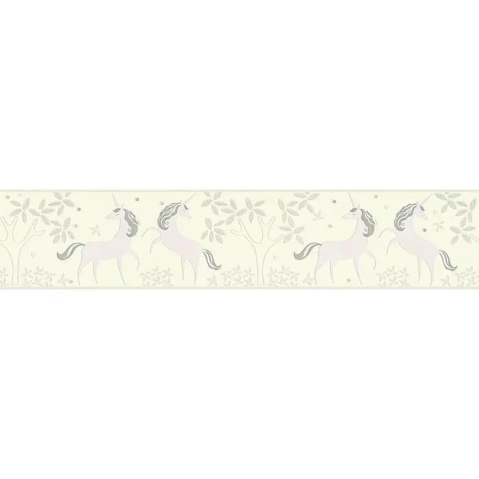 A.S. Création Boys And Girls 6 Tapetenborte - Kunststoff, Gelb - Eine beige Bordüre mit einer Reihe von stilisierten, hellvioletten Einhörnern, die zwischen Bäumen und Blättern stehen.