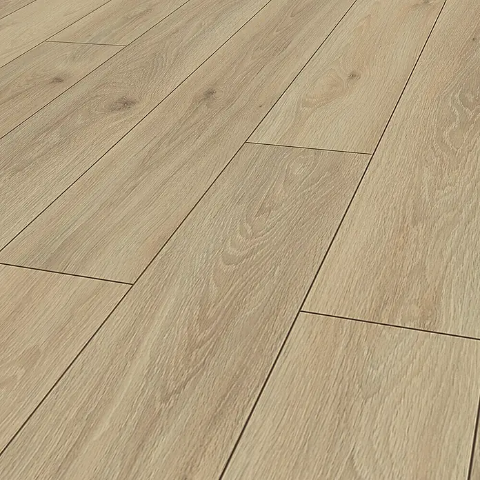 Krono Original Laminat Super Natural - Wheat Pistachio Oak, Landhausdiele, 1.288 x 195 x 8 mm - Nahaufnahme von hellem Laminatboden mit Holzmaserung, ideal für modernes Wohndesign und strapazierfähige Bodenbeläge.