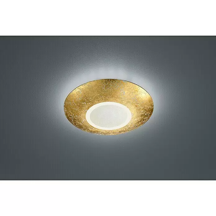 Reality Leuchten LED-Deckenleuchte rund Chiros - 15,5 W, Ø x H: 320 mm x 6 cm, Gold, Klar, Warmweiß - Runde Deckenleuchte mit Blattgold-Finish und einem weißen zentralen Diffusor, der ein warmes Licht abgibt.