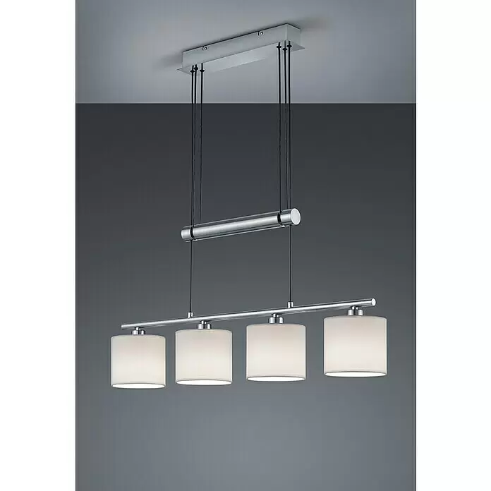 Trio Leuchten Pendelleuchte Garda - 40 W, Weiß, Nickel matt, E14 - Lineare Pendelleuchte mit vier zylindrischen weißen Schirmen und gebürstetem silberfarbenem Metall, an der Decke montiert.