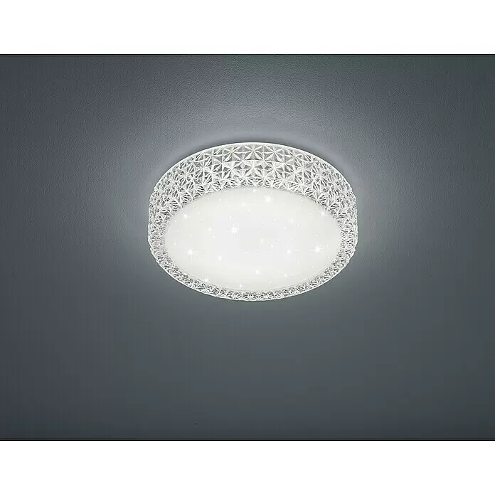 Reality Leuchten LED-Deckenleuchte rund Pegasus - 12 W, Ø x H: 286 mm x 8,6 cm, Weiß - Weiße runde Deckenleuchte mit facettiertem Rand und funkelndem Lichteffekt.