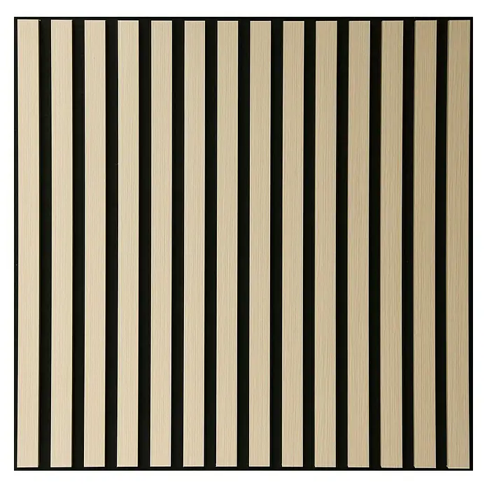 Panel acústico decorativo - 60 x 60 x 2,1 cm, Natural - Panel de pared de listones de madera con listones de madera clara sobre un fondo negro. Ideal para diseño de interiores moderno y mejora acústica.