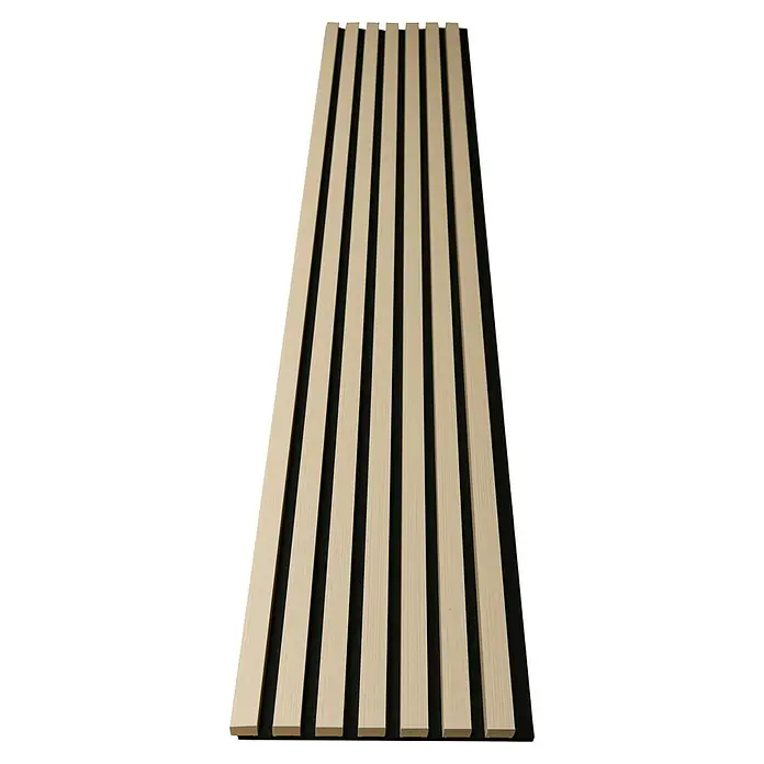 Panel acústico decorativo - 240 x 30 x 2,1 cm, Natural - Panel de madera para revestimiento de paredes con listones de madera clara sobre fieltro negro para un diseño moderno y acústicamente mejorado.
