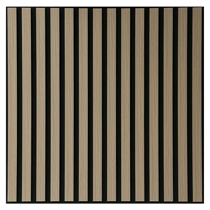 Panel acústico decorativo - 60 x 60 x 2,1 cm, Rústico - Una vista cercana de una pared de listones de madera con listones de madera de color claro y un fondo oscuro, ideal para el diseño de interiores moderno.