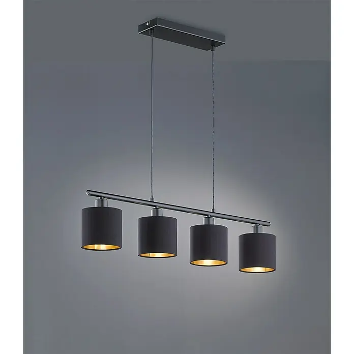 Reality Leuchten Tommy Pendelleuchte - 28 W, L x B x H: 75 x 16,5 x 150 cm, Schwarz/Gold, E14 - Eine moderne Pendelleuchte mit vier zylindrischen, schwarzen Lampenschirmen und goldenem Innenleben, die warmes Licht spendet.