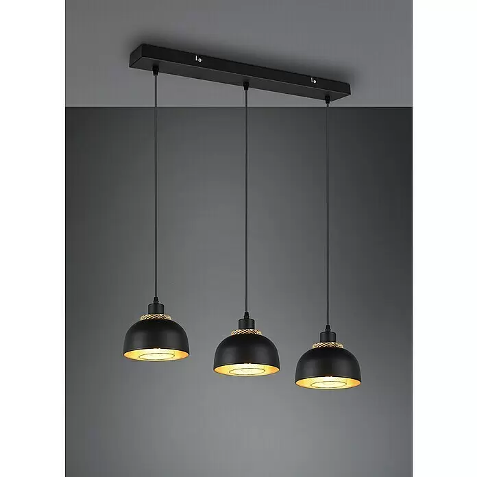 Reality Leuchten Punch Lámpara colgante - 120 W, L x An x Al: 68 x 18 x 150 cm, Negro, E27 - Lámpara colgante lineal negra con tres pantallas de cúpula, interiores dorados y detalles de cuerda trenzada.