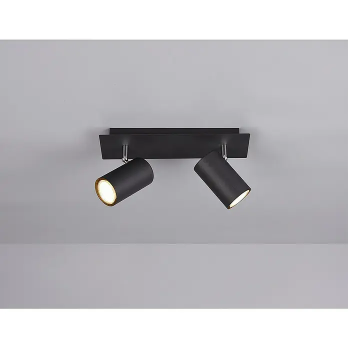 Trio Leuchten Marley Deckenstrahler - 70 W, L x B x H: 30 x 9 x 15 cm, Schwarz matt, GU10, 2 Stk. - Zwei schwarze Strahler sind an einer rechteckigen Platte an der Decke befestigt und spenden warmes Licht.