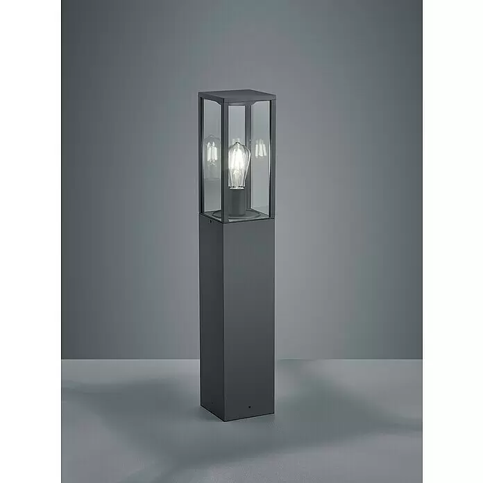 Trio Lighting Garonne Lámpara de pie para exterior - 60 W, Color del marco: Plata, Sin bombillas, Altura: 80 cm, Sin detector de movimiento - Baliza exterior rectangular gris oscuro con cristal transparente y bombilla iluminada.