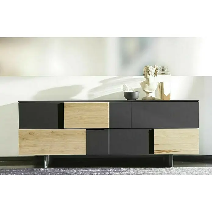 D-c-fix Klebefolie Uni Seidenmatt - 200 x 67,5 cm, Anthrazit, Selbstklebend - Elegantes Sideboard mit Schubladen in Holzoptik und dunklen Elementen, das zeitgemäßes Design und Funktionalität vereint und jedem Raum einen Hauch von Stil verleiht.