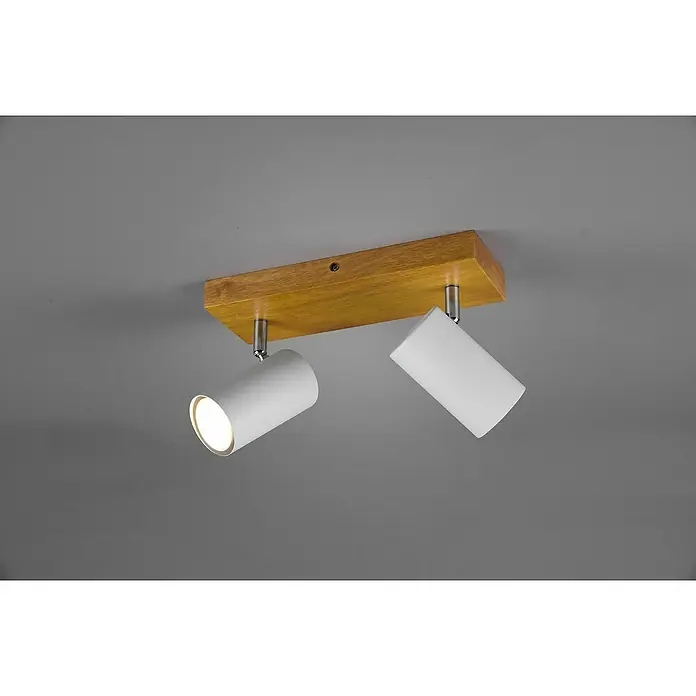 Trio Leuchten Marley Deckenstrahler - 35 W, L x B x H: 9 x 26 x 16 cm, GU10, 2 Stk. - Deckenleuchte mit zwei weißen Strahlern und einem Holzsockel, ideal für moderne Wohnräume. Die Spots sind verstellbar für gezielte Beleuchtung.