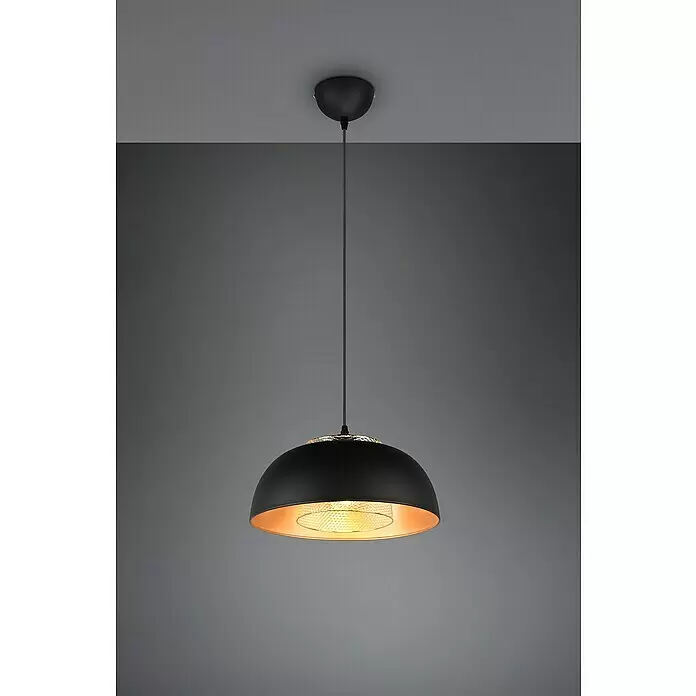 Reality Leuchten Punch Lámpara colgante - 40 W, Negro, E27 - Lámpara colgante de cúpula negra con interior de cobre y difusor de luz texturizado, emitiendo luz cálida.
