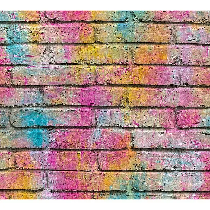 A.S. Création Boys And Girls 6 Vliestapete - Bunt, Steinoptik, 10,05 x 0,53 m - Bunte Ziegelwand mit Farbklecksen in Gelb, Rosa und Türkis, die eine künstlerische und lebhafte Textur erzeugt.