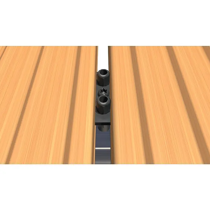 HS Terra Befestigungsclip - 10 Stk. - Nahaufnahme von Dübeln und Schrauben in einer schwarzen Führungsschiene auf einem Holzboden. Perfekt für DIY-Projekte und Reparaturen.