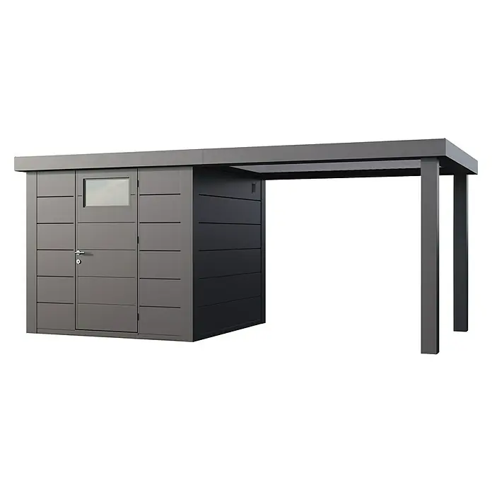 Telluria Metallgerätehaus Classico 2424 mit Open Lounge L rechts inkl. Elektro-Set - Außenmaß inkl. Dachüberstand (B x T): 542 x 258 cm, Stahl, Anthrazit, Inkl. Innenwandverkleidung & Elektro-Set - Das Bild zeigt ein modernes, graues Gartenhaus mit einem kleinen Fenster und einem überdachten Bereich, ideal zur Aufbewahrung und als Unterstand.