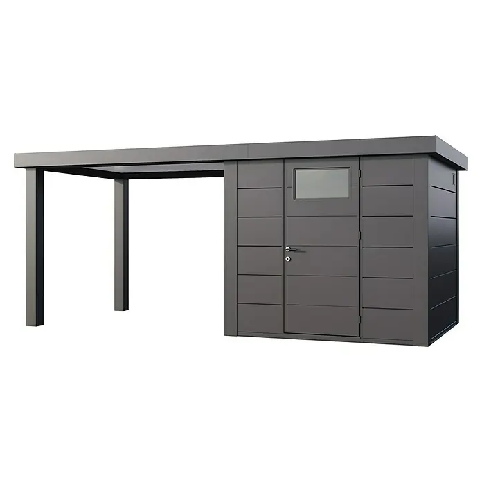 Telluria Metallgerätehaus Classico 2424 mit Open Lounge L links - Außenmaß inkl. Dachüberstand (B x T): 542 x 258 cm, Stahl, Anthrazit, Ohne Set - Ein modernes, anthrazitfarbenes Gartenhaus mit integriertem Unterstand bietet praktischen Stauraum und Schutz vor Witterungseinflüssen.