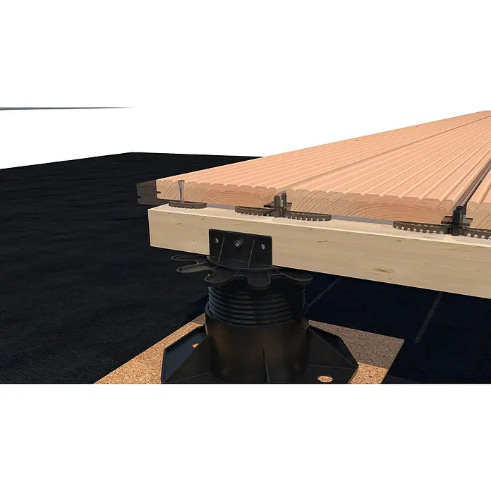 HS Terra Befestigungsclip - 10 Stk. - Detailaufnahme eines Terrassenbaus mit justierbaren Stelzlagern, die eine Holzterrasse tragen. Die Lager ermöglichen Höhenanpassung für ebene Flächen.