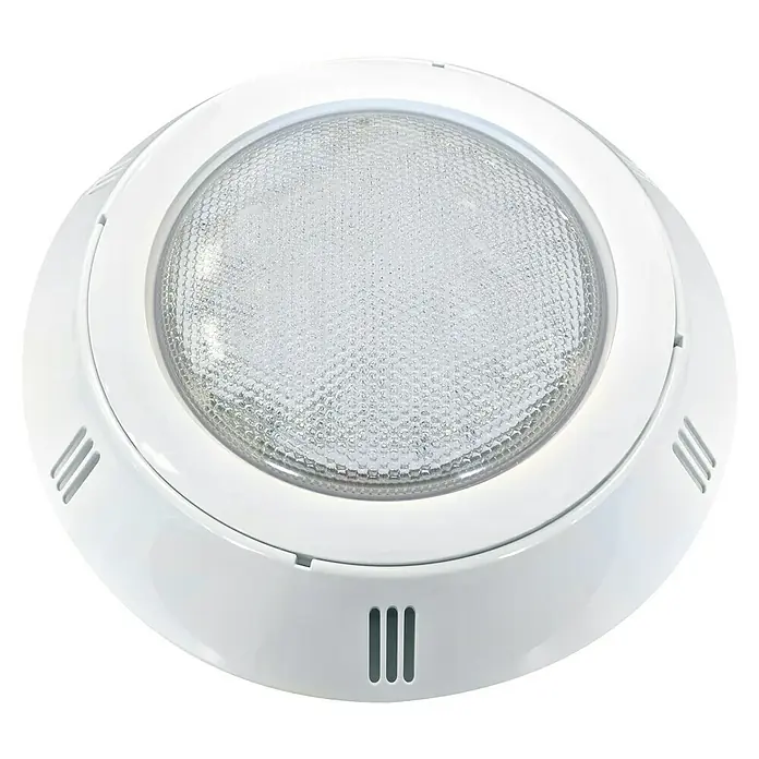 Luz LED para piscinas de colores extraplano - Multicolor, LED - Primer plano de una luz redonda blanca para piscina con cubierta de vidrio texturizado, ideal para crear iluminación subacuática ambiental.