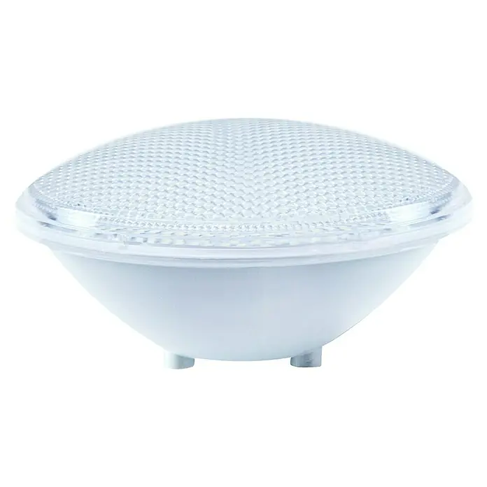 Luz LED para piscinas de colores - Multicolor, LED - Primer plano de una lámpara LED blanca para piscina con cubierta transparente y texturizada, diseñada para piscinas modernas.