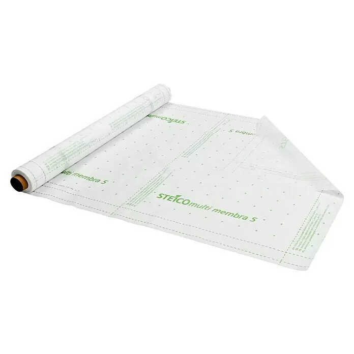 Steico Dampfbremsfolie multi membra 5 - 50 x 1,5 m, 75 m² - Teilweise abgerollte weiße Membranrolle mit grünem 'STEICO multi membra 5' Schriftzug und Gittermuster.
