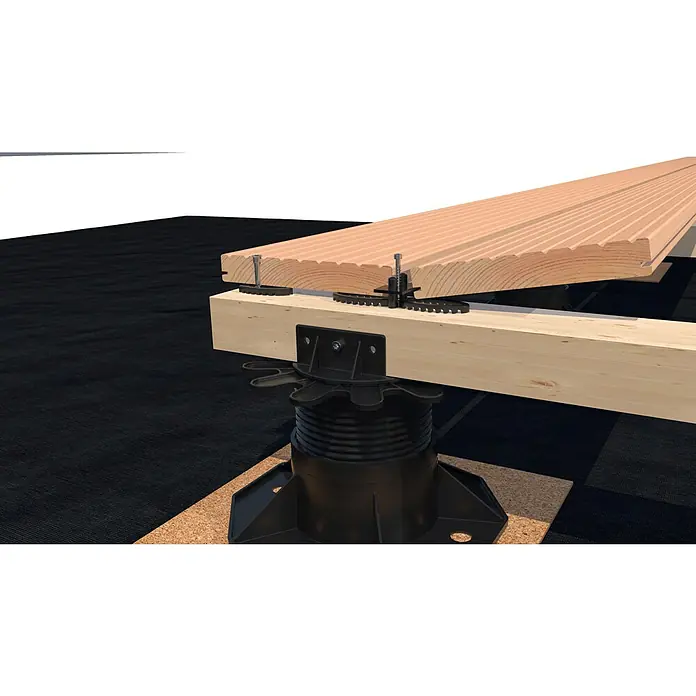 HS Terra Befestigungsclip - 10 Stk. - Nahaufnahme eines Terrassenbausystems mit Holzpaneelen, das die verstellbaren Stelzlager und Befestigungen zeigt.