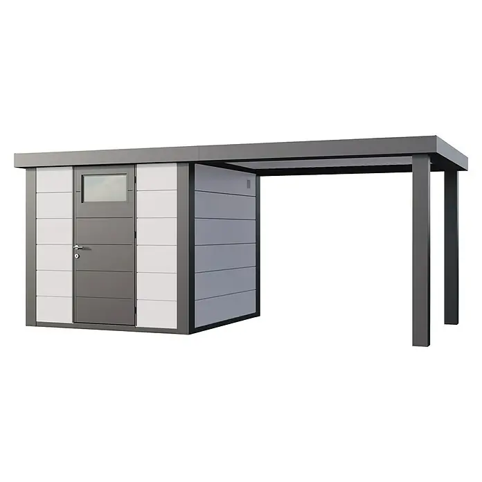 Telluria Metallgerätehaus Classico 2424 mit Open Lounge L rechts - Außenmaß inkl. Dachüberstand (B x T): 542 x 258 cm, Stahl, Weiß/Anthrazit, Ohne Set - Abbildung eines modernen Gerätehauses mit Schleppdach. Das Haus ist mit einer Tür und einem Fenster ausgestattet und in Grau- und Weißtönen gehalten.