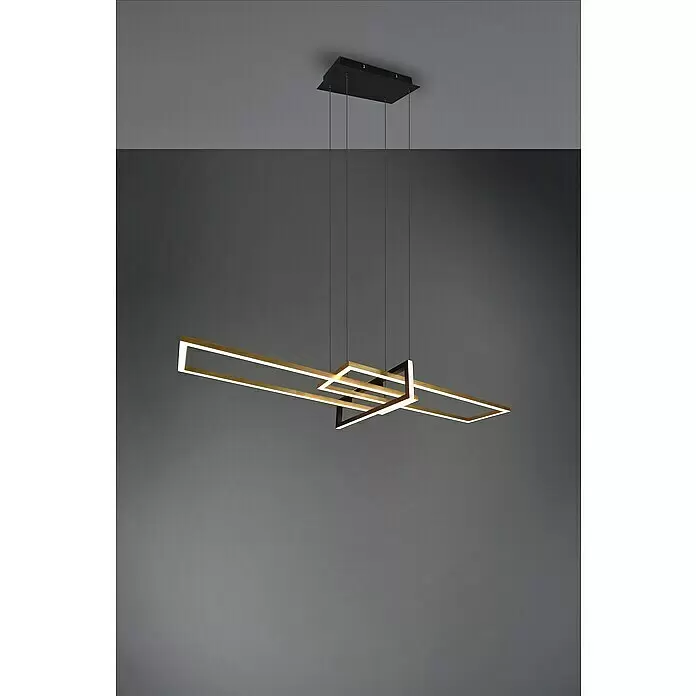 Trio Leuchten LED-Pendelleuchte Salinas - 34 W, L x B x H: 40 x 110 x 150 cm, Messing-matt, Warmweiß - Moderne geometrische Pendelleuchte mit gold/messingfarbenen rechteckigen Rahmen, integrierten LEDs, hängend von einer schwarzen Deckenplatte.