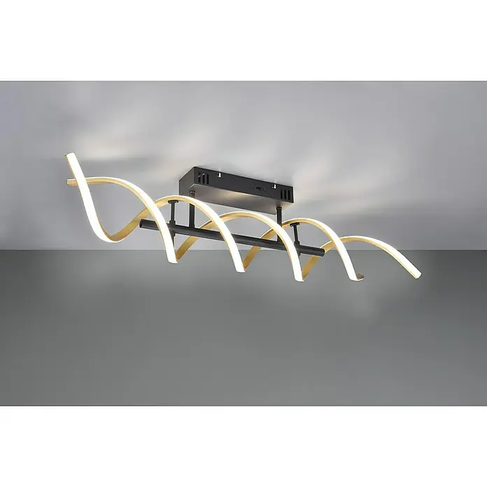Trio Leuchten Sequence LED-Deckenleuchte - 41 W, L x B x H: 14,5 x 90 x 20,5 cm, Messing matt, Mehrfarbig - Moderne Deckenleuchte mit spiralförmigen LED-Elementen und schwarzer Halterung, die ein stilvolles Ambiente schafft.